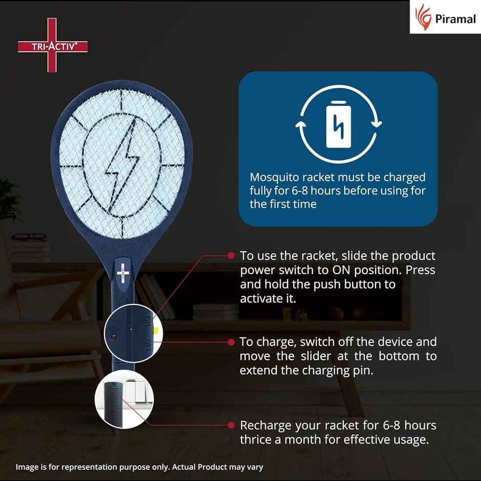 Tri-Activ Piramal Anti Mosquito Racket | Insect Killer & Fly Swatter | Long Lasting Battery | Black