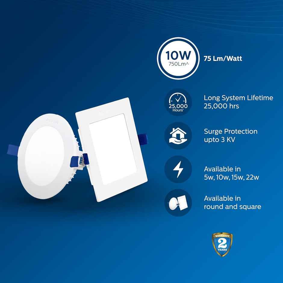 Philips Astra Sleek 10-watt Round LED Downlighter | LED Ceiling Light for Home and Hall | Cut Out: 110 mm, Color: Warm White, Pack of 1