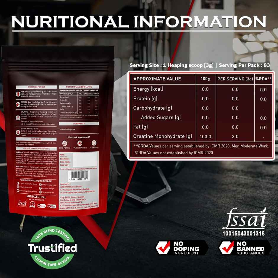 Nakpro Micronised Creatine Monohydrate Powder |Trustified Certified | Unflavoured