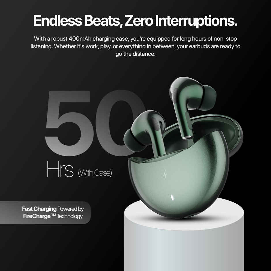 Fire-Boltt Fire Pods Aero Ultra TWS Earbud with Custom EQ Profile, Quad Mic ENC & 50H Playtime, Ultra Low 50ms Game Mode, Green Metal