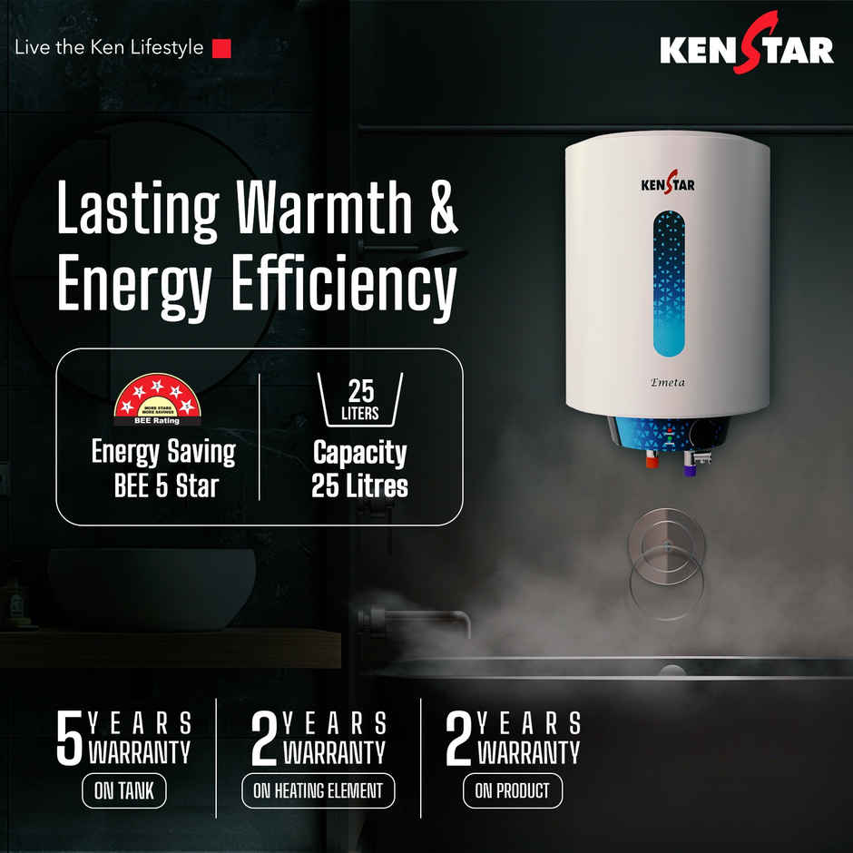 Kenstar EMETA 25L Vertical Storage Water Heater For Home,5-Star Rated Geyser,Powerful 2000W Heating