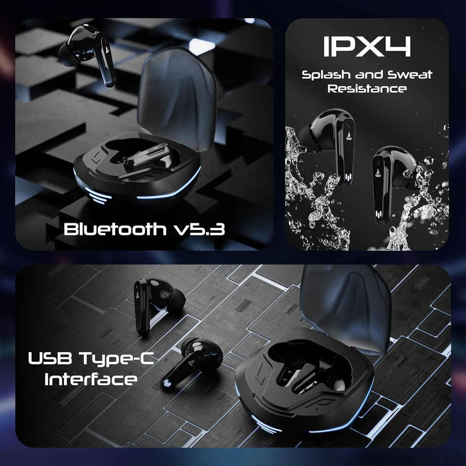 boAt Immortal 181 TWS Earbuds with mic, 40HRS Battery, 4Mics ENx, 40ms Low Latency, RGB Led Lights, Fast Charge, IWP Tech, v5.3 Bluetooth Earbuds, Gaming Earbuds - Black Sabre
