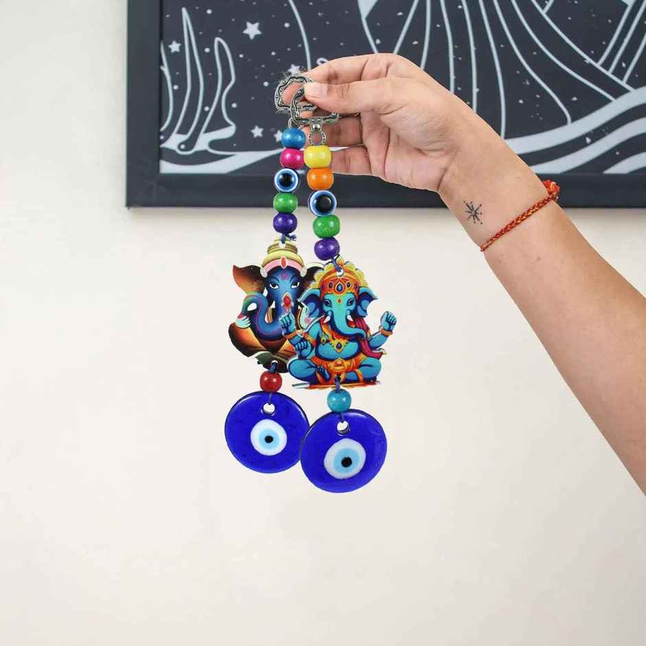 Tied Ribbons Set of 2 Feng Shui Blue Evil Eye Ganesha Pendant Ornament Amulet