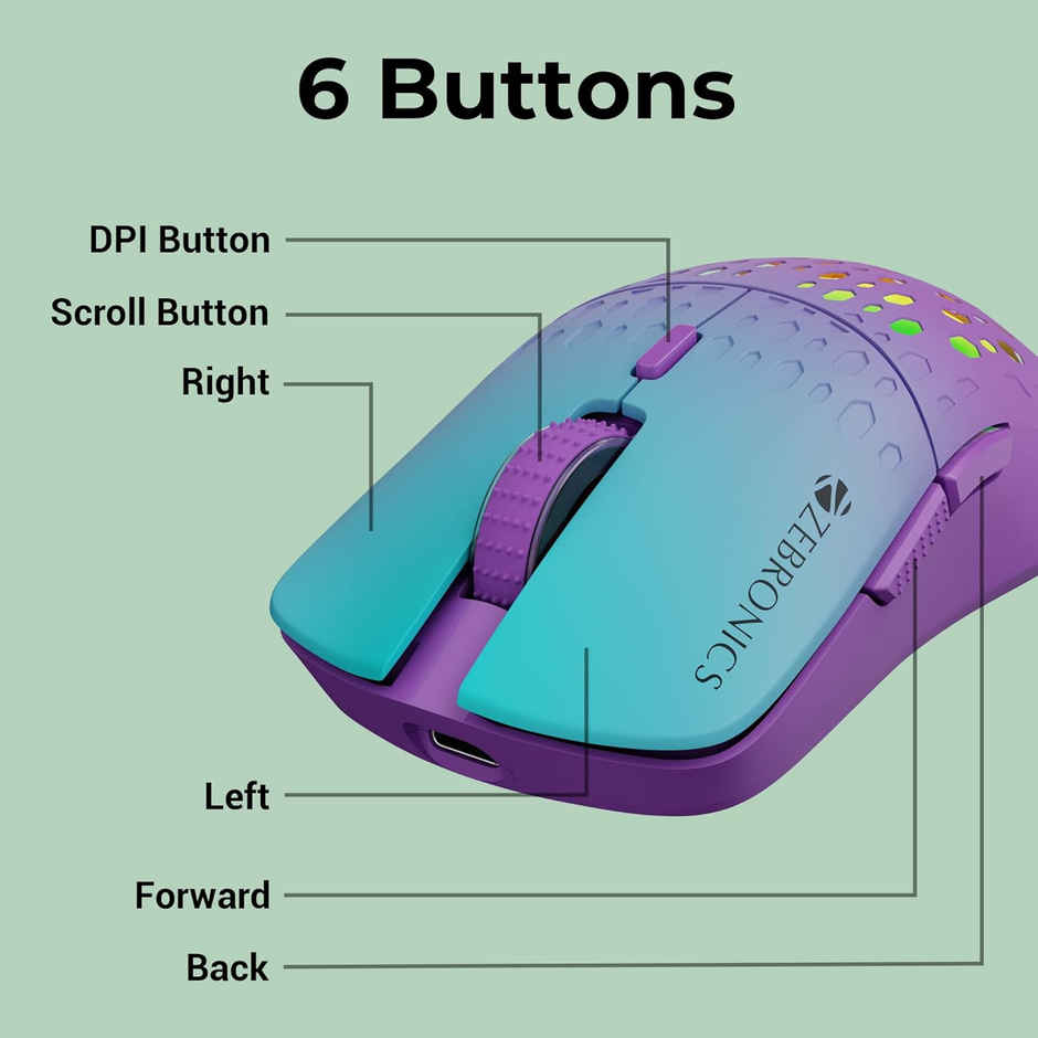 Zebronics Marine Wireless Mouse With Rechargeable Battery, Bt + 2.4Ghz, 6 Buttons, 4 Dpi (Purple)