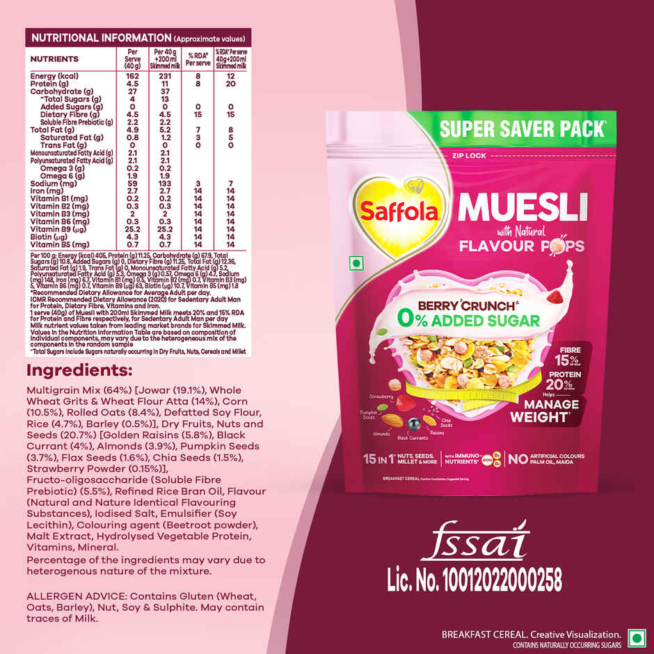 Saffola Muesli 0% Added Sugar Berry Crunch With Flavour Pops | Helps Manage Weight