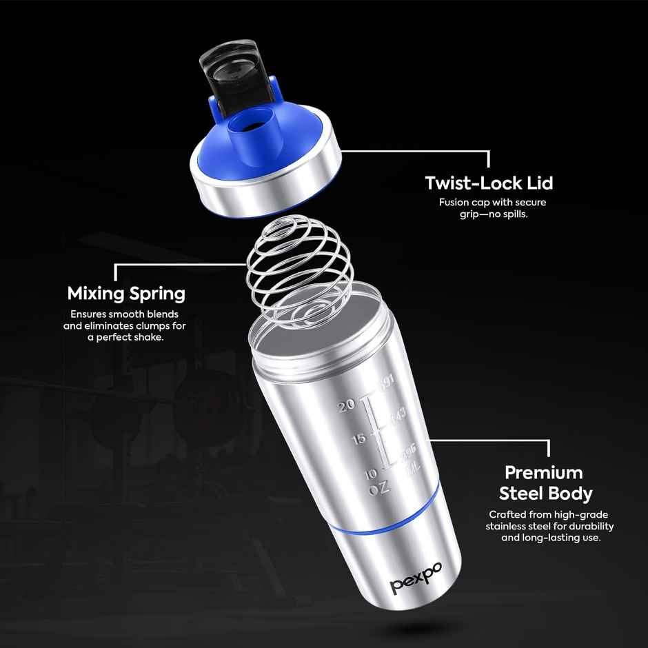 Pexpo Kinetic Stainless Steel Gym Sipper with Extra Compartment | Blue & Steel | 850 ml