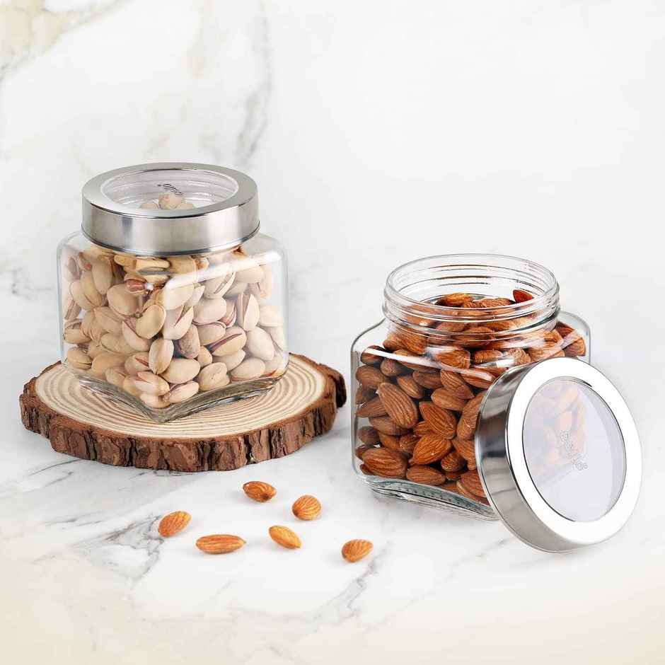 Cello Qube Fresh Glass Storage Jar Container With Air Tight Silver Metal Lid Multipurpose Jar Clear