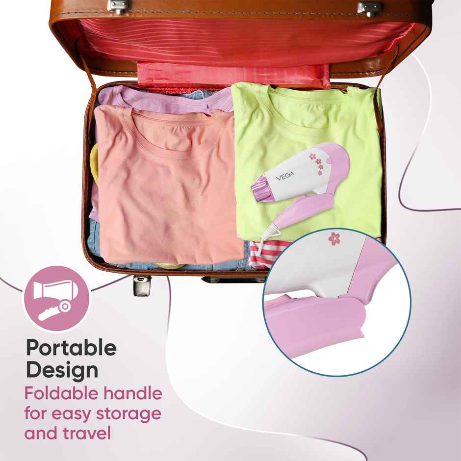 Vega Insta Glam Foldable 1000 Watts Hair Dryer with 2 Heat/Speed Settings, VHDH-20, (Made in India)