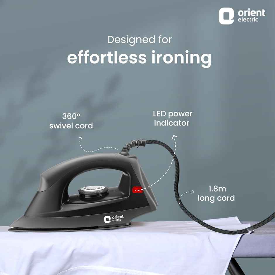 Orient Electric DIFG10GP Fabriglide 1000 W Dry Iron | German-made Weilburger coating on the soleplate| Silver Layered Thermostat for Better Heat Conductivity - Black & Grey