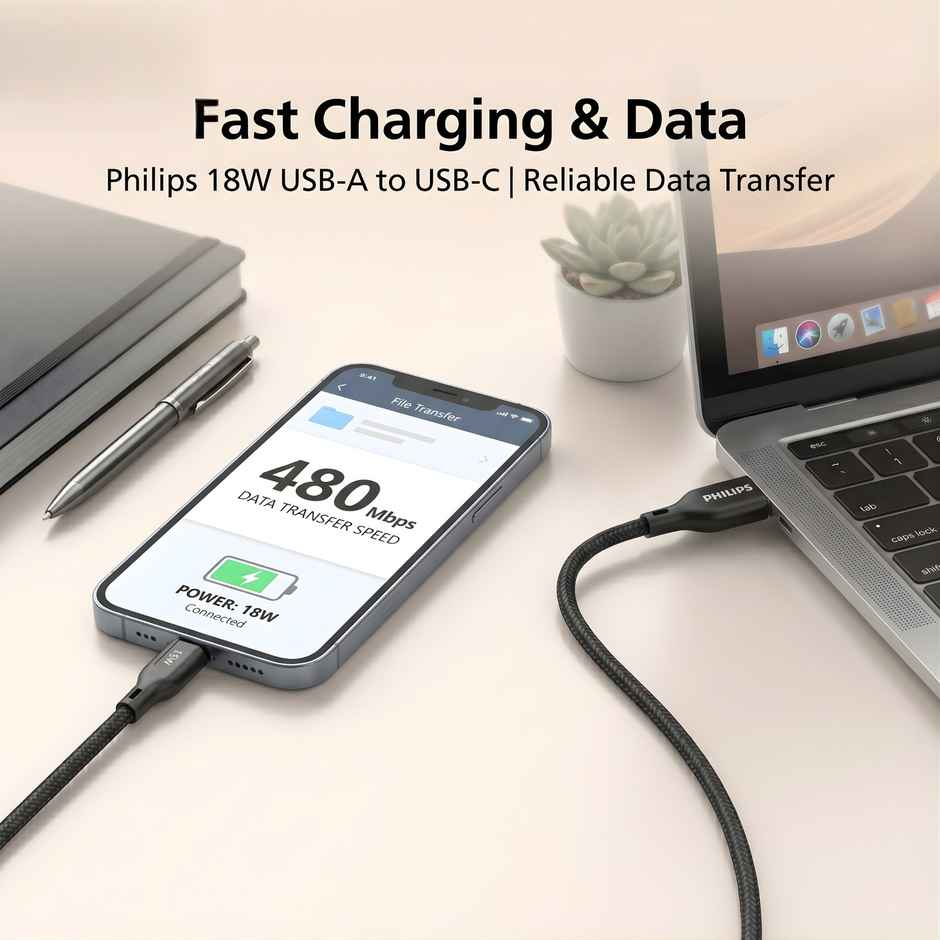Philips 18W USB A to Type C Fast Charging Cable | DLC4130AB94 | Dark Slate | 1 m