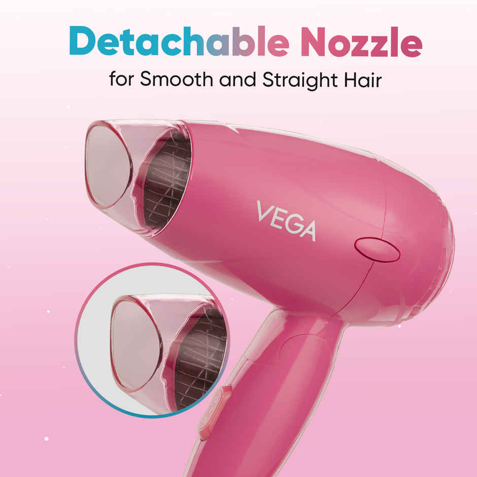 Vega Travel Pro 1200W Hair Dryer for Women with Powerful Motor, 2 Heat/Speed Settings, Detachable Nozzle, Travel Friendly Compact Blow Dryer with Foldable Handle, (VHDH-33)