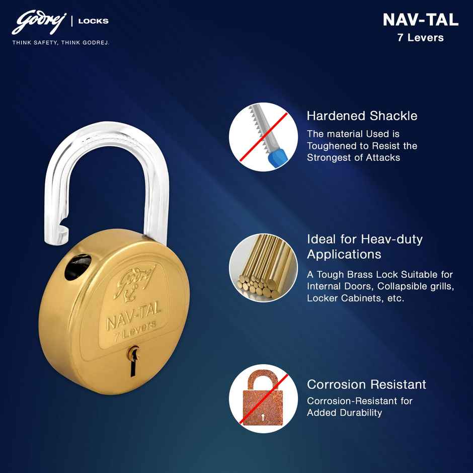 Godrej Locking Solutions and Systems Navtal 7 levers 4 Keys Padlock | Gold, Brass Finish