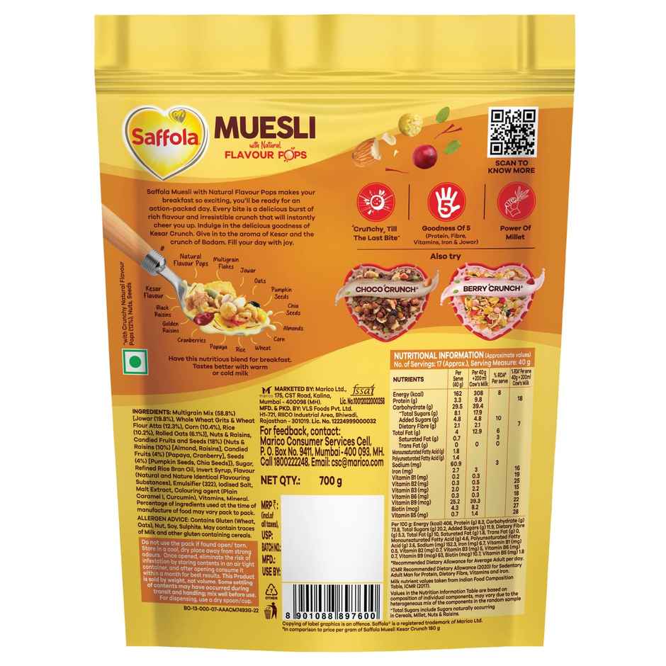Saffola Muesli Kesar Crunch With Flavour Pops | 15 In 1 Fruit And Nuts | Seeds, Millet & More