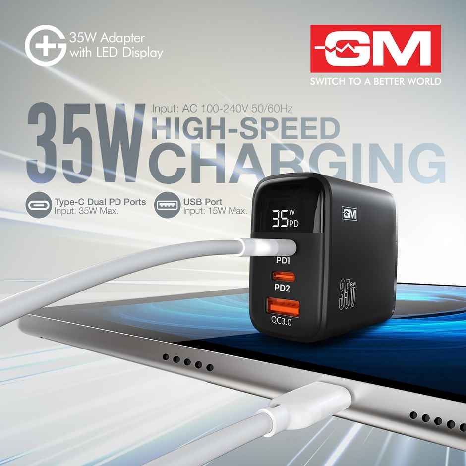 GM G Plus 35W Fast Charger with LED Display | 2 Type-C & 1 Type-A
