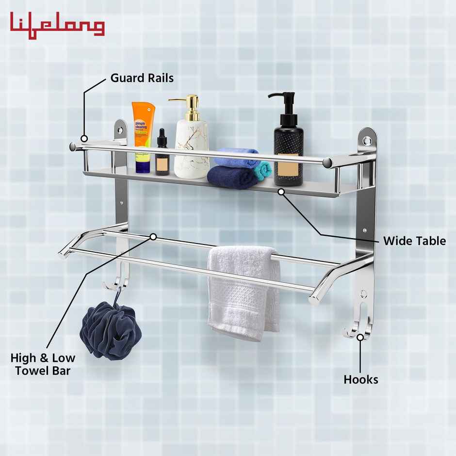 Lifelong Stainless Steel Wall Mounted Bathroom Shelf For Storage-Single Layer Cabinet Towel Holder