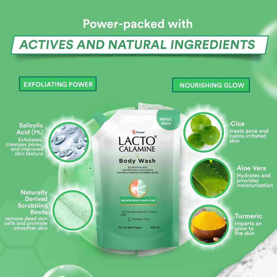 Lacto Calamine 1% Salicylic Acid Body Wash | Pouch Pack | With Cica, Aloe Vera