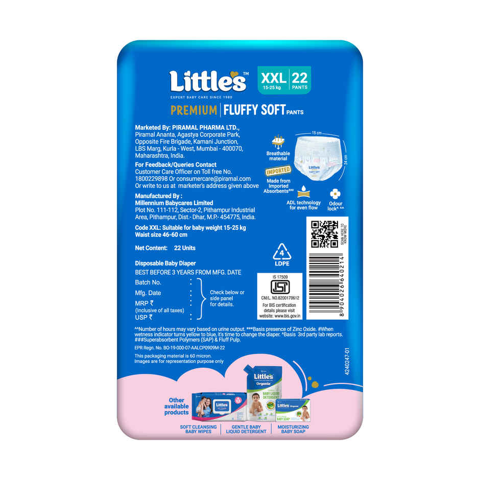 Little's Fluffy Soft Premium Baby Pant Style Diaper | 2XL | Leakage Free | 22 pcs