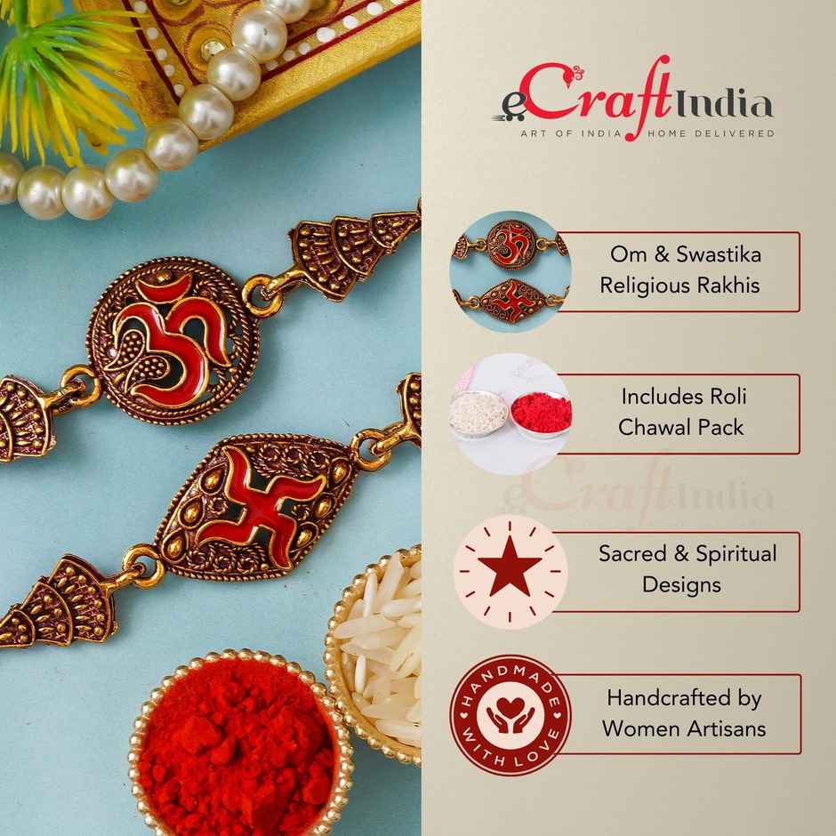 Religious Om and Swastika Symbol Religious Rakhis for Brothers & Roli Chawal Pack (eCraftIndia) Set of 2