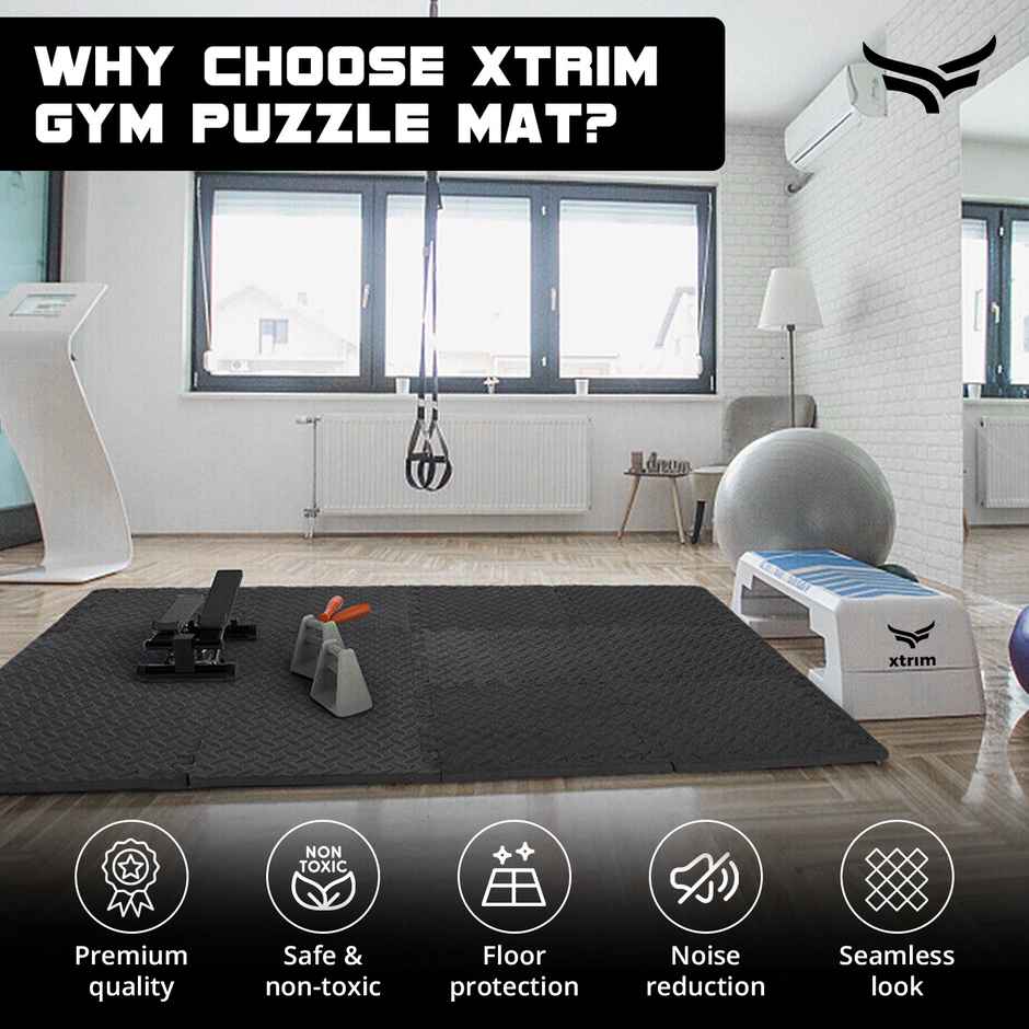 Xtrim Gym Puzzle Exercise Mat, EVA Foam Mat, Interlocking Tiles, for Home & Kids Area |Black