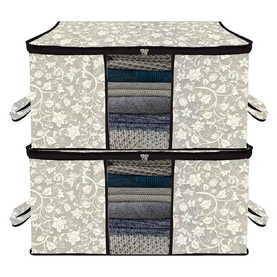 Kuber Industries Flower Underbed Storage Bag|Clear Window|Zipper & Handle|Large|Pack of 2|Black