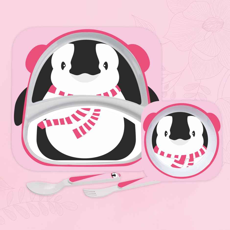 Cello Kids Meal Melamine Dinner Set with Penguin Print | Pink, Set of 4