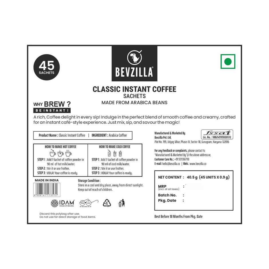 Bevzilla 45 Classic Instant Coffee Powder Sachets Combo