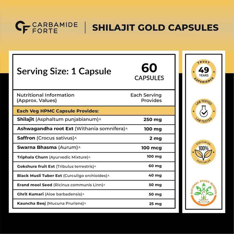 Carbamide Forte Shilajit Gold Capsules For Men With Pure Shilajit Swarna Bhasma,Gokshura,Ashwagandha