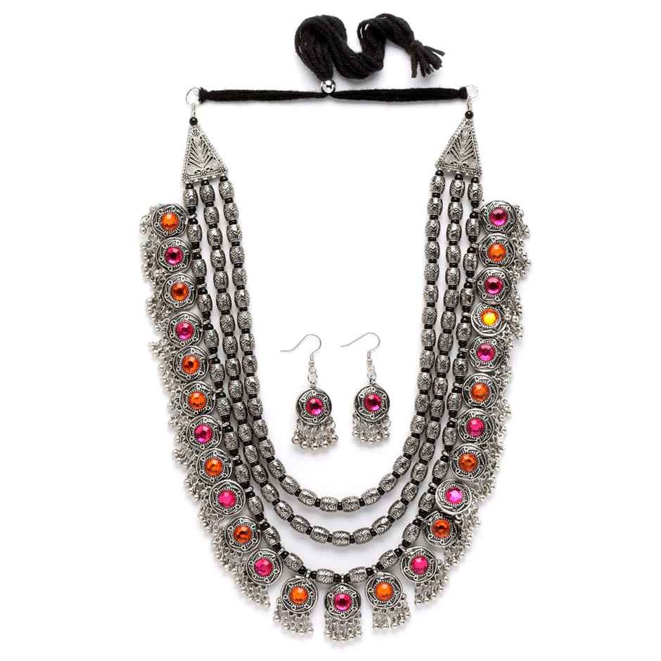 Shining Diva Fashion Stylish Oxidised Silver Tribal Necklace Set for Women and Girls | 12164s