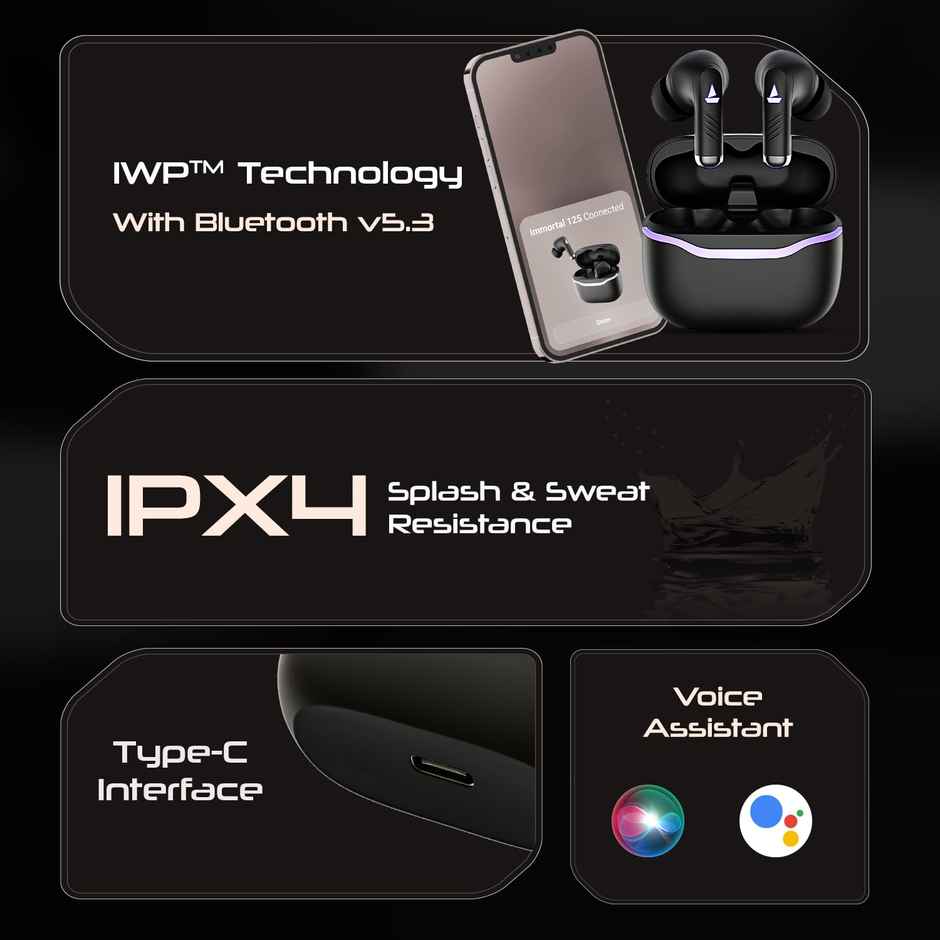 boAt Immortal 125 TWS Earbuds for Gaming w/ 40H Playtime, BEAST Mode & RGB LEDs (Black Sabre)