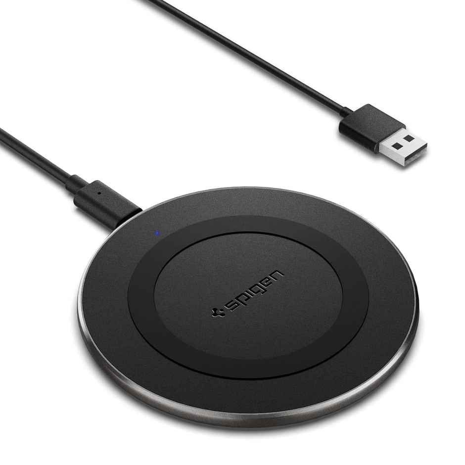 Spigen Wireless Charger for iPhone 17/16/15/13/12/11 Series, Samsung Galaxy S25/S24/S23/S22/S21/S20, OnePlus with USB-A to C Cable - Black