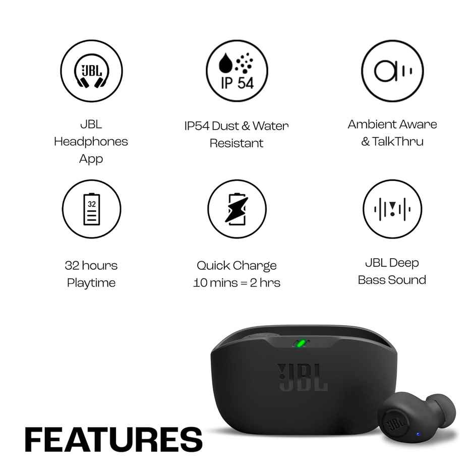 JBL Wave Buds In-Ear Wireless Earbuds (Tws) With Mic, (Black)