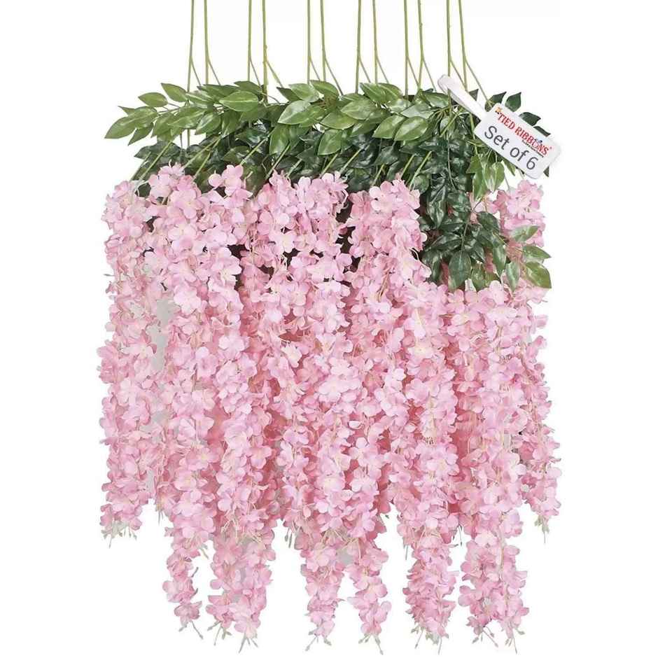 Artificial Silk Wisteria Hanging Flower Garlands Set  of 6 | Light Pink | 111 cm | Tied Ribbons