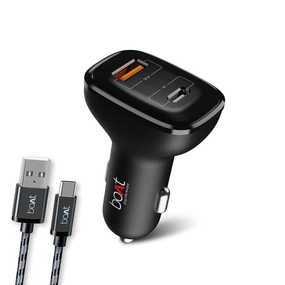 boAt Dual Port Qc-Pd 24W Fast Car Charger with 24W Fast Pd Charging & 18W Qc Charging Compatible with All Smartphones, Tablets & Laptops (Free Type C to Type C Cable) - Black