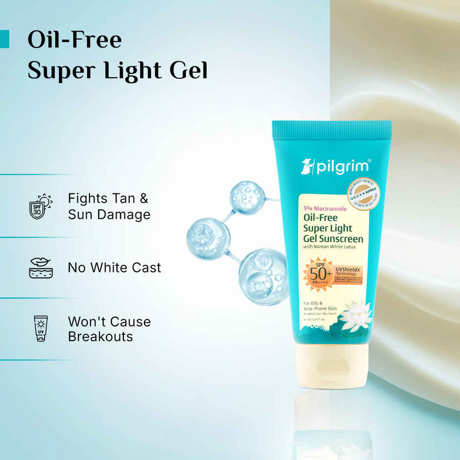 Pilgrim 5% Niacinamide Oil-Free Super Light Gel Sunscreen SPF 50+ PA++++ With Korean White Lotus