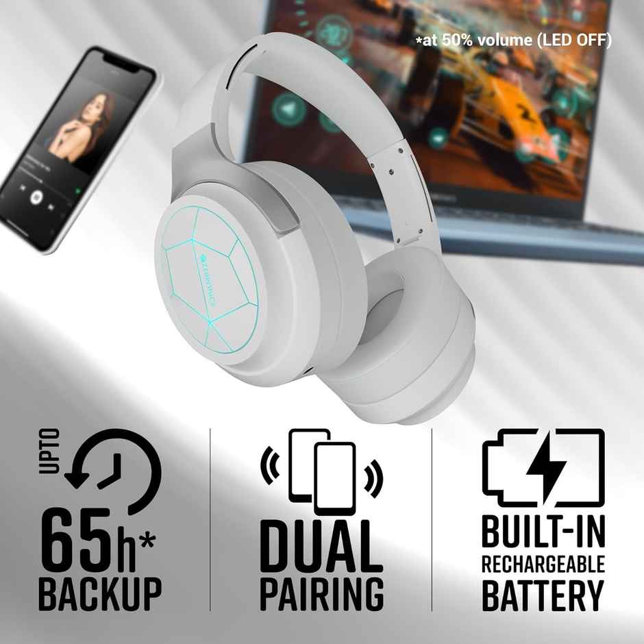 Zebronics Envy 2 | BT Headphone (BT v5.3) | ENC | 65* Hours Playback-Gaming Mode | White