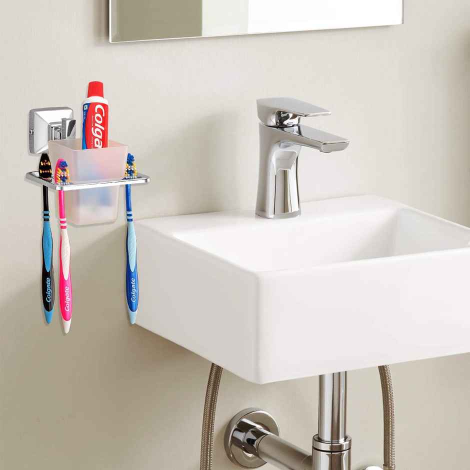 Plantex Stainless Steel Toothbrush Holder With ABS Tumbler Stand For Bathroom - Chrome Finish