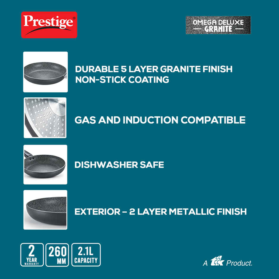 Prestige Omega Granite Fry Pan 26cm with Lid | Non Stick | Induction Base