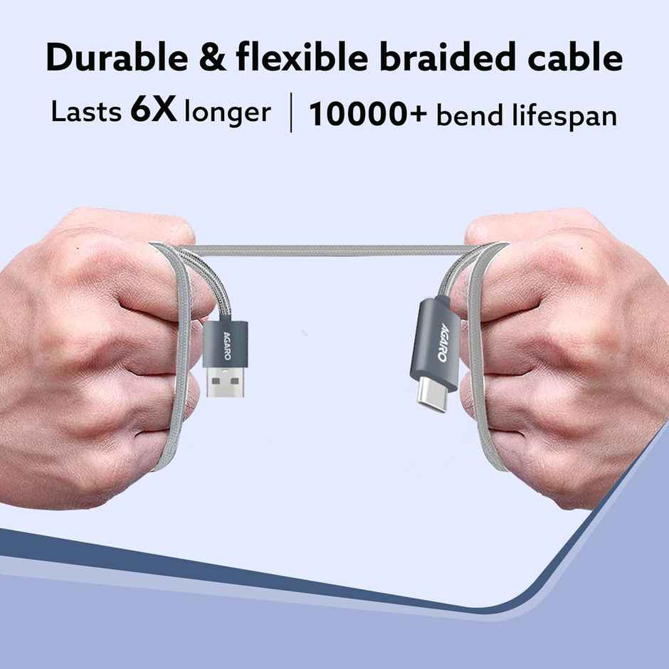 AGARO USB-A to Type C Cable, Unbreakable Braided Cable, 3A Fast Charging, Compatible with All Type C Devices Including Smartphones, Tablets etc, PD Technology, 1 M (3.2Ft), 480 Mbps Data Transmission - Grey