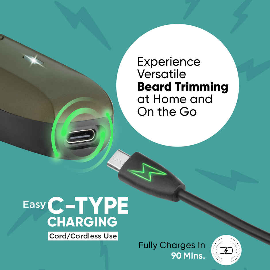 Vega P1 Battery Powered Beard Trimmer for Men, USB C Type, 160 mins Runtime 2 Beard Comb (VHTH-25)