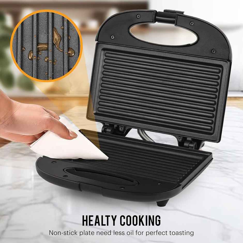 Cello Super Club Ultra Pro 800W Grill Sandwich Toaster with Fixed Grill Plates, Black, Heat Resistant Bakelite Body, Non-Stick Coating, Power Indicators - Black