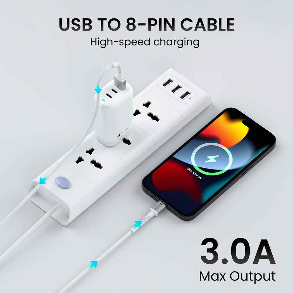 Portronics Konnect X 3A Nylon Braided USB to 8 Pin Fast Charging Cable | White - 2 m