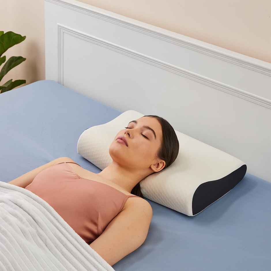 BAY6 Contour Pillow - Premium Orthopedic Design, White & Blue | 50 x 30 x 10 cm