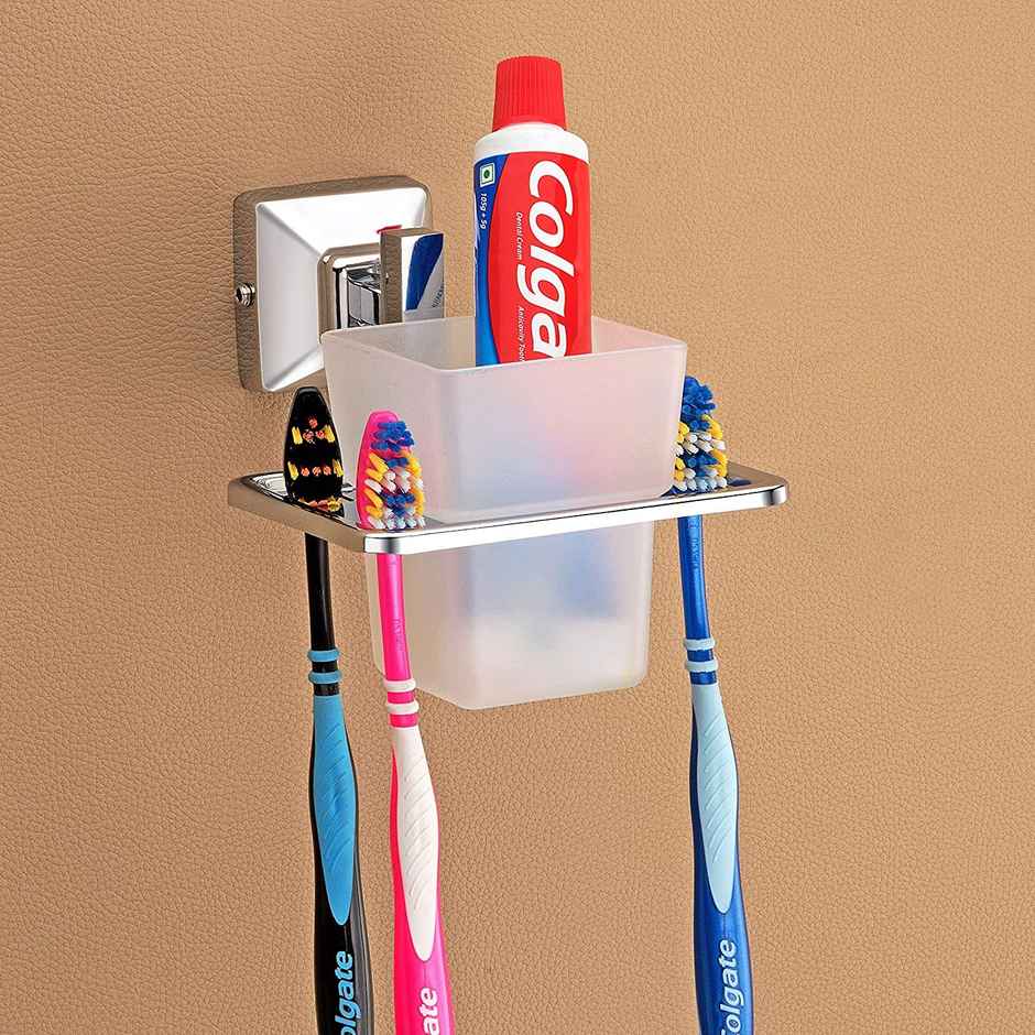 Plantex Stainless Steel Toothbrush Holder With ABS Tumbler Stand For Bathroom - Chrome Finish