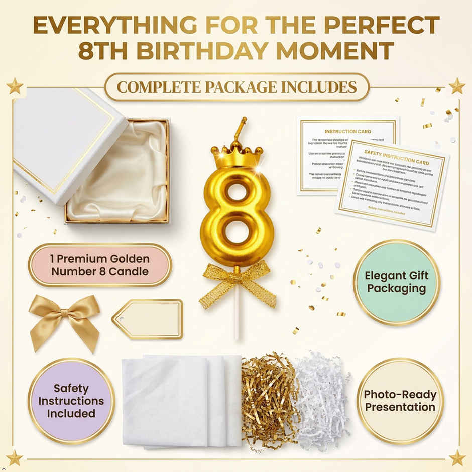 BeyondLuv Candles for Kids Birthday Party 8 Golden Number Candle With Crown