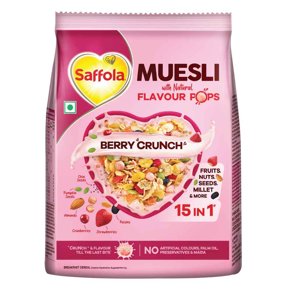 Saffola Muesli Berry Crunch with Flavour Pops | 15 in 1 Fruit and Nuts, Seeds | Millet & more
