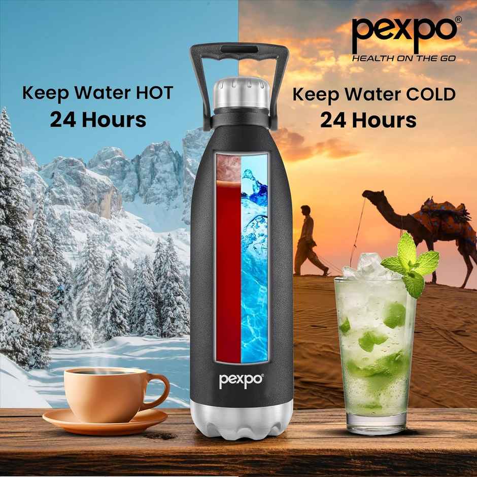 Pexpo Echo Isi Certified Water Bottle | 1.8 L | Knight Black | Vacuum Insulated Bottle With Handle