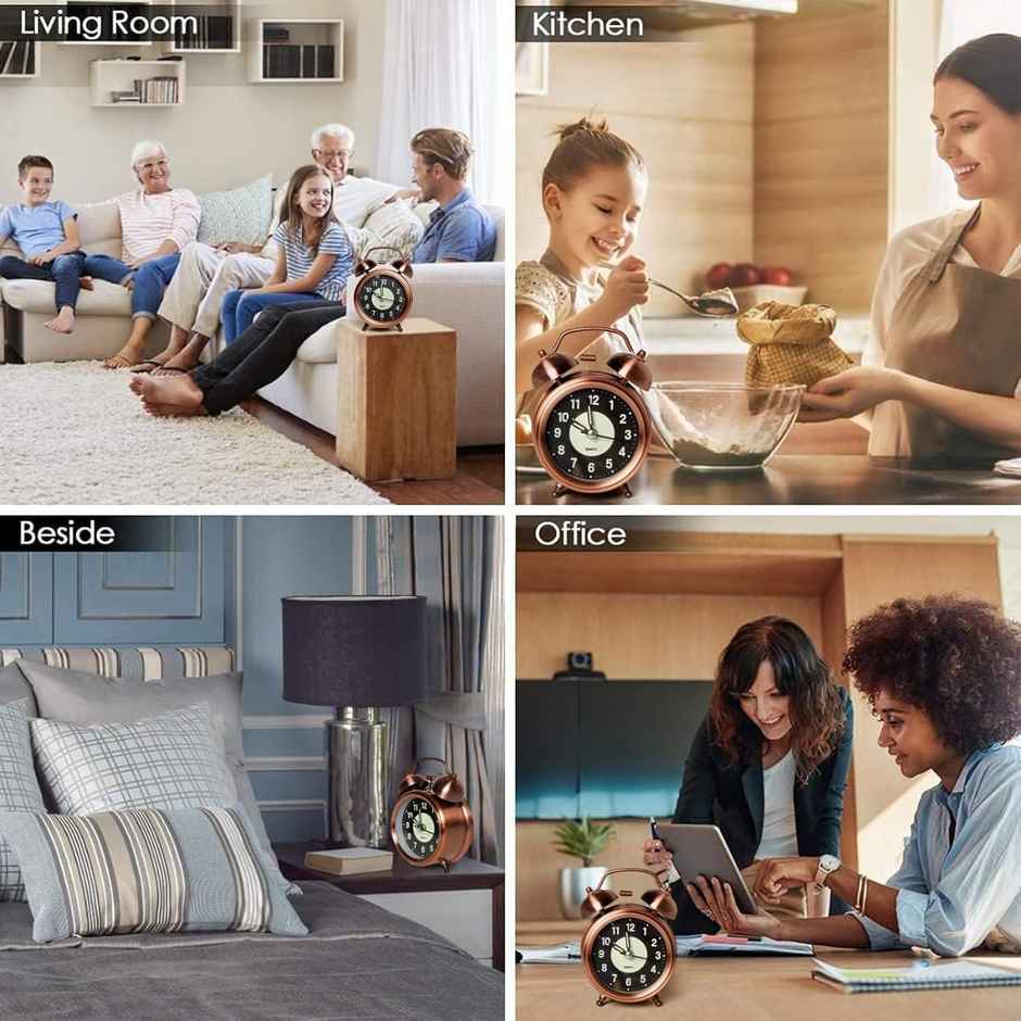 Perpetual Alarm Analog Clock | Non-Ticking Quartz with Backlight | Vintage Neon Copper - 11.4 cm