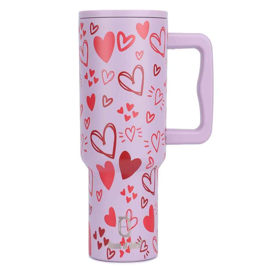 House of Quirk Stainless Steel Tumbler with Handle & Lid | 2 Straws Use | Mauve Heart - 1200 ml