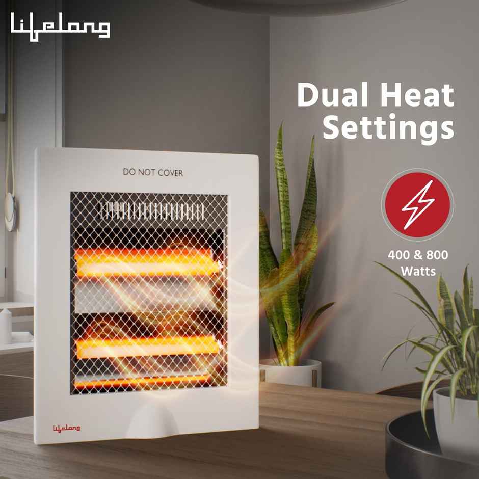 Lifelong LLQH922 Regalia 800 Watts Quartz Room Heater for Home with 2 Power settings, 2 Rod Heater for Room, Cord Length 1.5 Meter - White