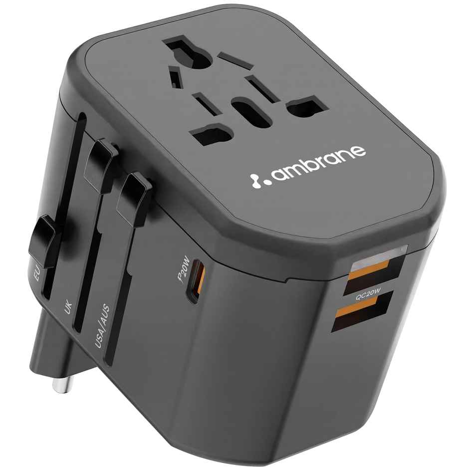 Ambrane (ATA-01) Universal Travel Adapter,4 in 1 Fast Charging; 1 Type C (20W),2 USB (20W) & 1 AC Socket (880W) with 3 Removable Pins for EU,UK and USA/AUS and Other Countries for Modern Travel - Black